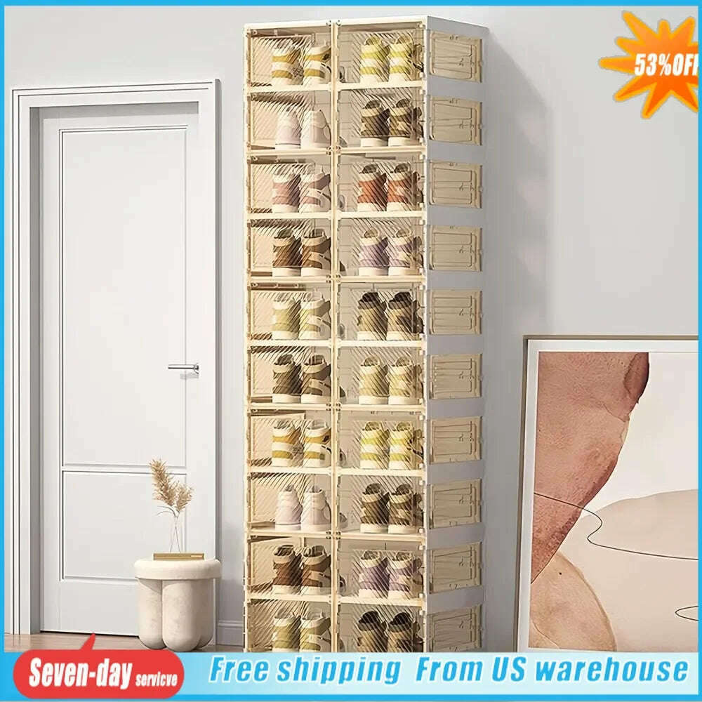 KIMLUD, Portable Folding Shoe Rack Shoe Storage Box All-in-one Sturdy Easy-to-assemble Sneaker Cabinet With Magnetic Transparent Door, KIMLUD Womens Clothes