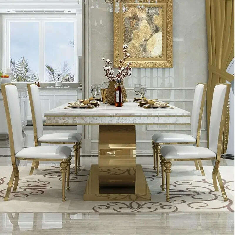 KIMLUD, Post-Modern Marble Top-Grade Dining Table And Chairs Combination Stainless Steel Top Crown Apartment Golden Carved Furniture, KIMLUD Women's Clothes
