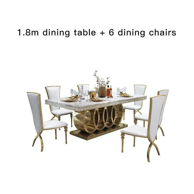 KIMLUD, Post-Modern Marble Top-Grade Dining Table And Chairs Combination Stainless Steel Top Crown Apartment Golden Carved Furniture, 1.8m table set, KIMLUD Women's Clothes