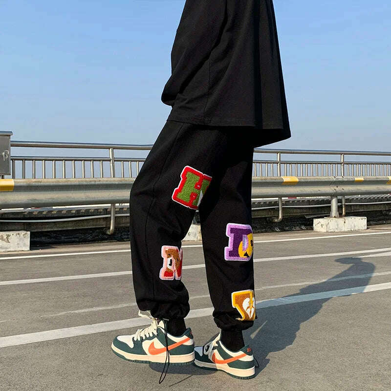 Preppy Style Letter Embroidery Straight Men Baggy Tracksuit Pants Y2K Clothes Sweatpants Male Drawstring Casual Long Trousers - KIMLUD
