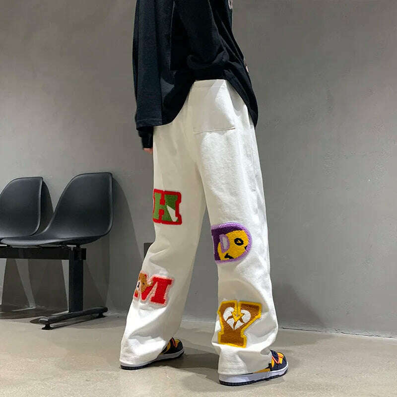 Preppy Style Letter Embroidery Straight Men Baggy Tracksuit Pants Y2K Clothes Sweatpants Male Drawstring Casual Long Trousers - KIMLUD