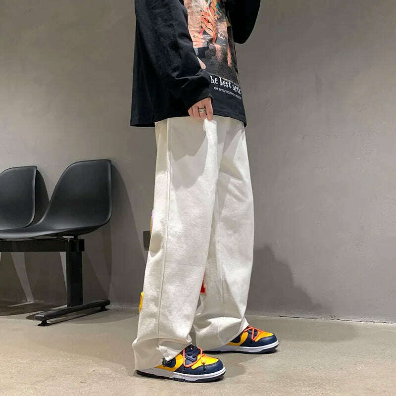 Preppy Style Letter Embroidery Straight Men Baggy Tracksuit Pants Y2K Clothes Sweatpants Male Drawstring Casual Long Trousers - KIMLUD