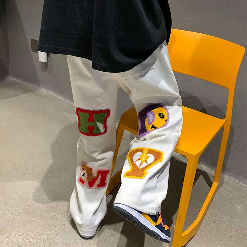 Preppy Style Letter Embroidery Straight Men Baggy Tracksuit Pants Y2K Clothes Sweatpants Male Drawstring Casual Long Trousers - KIMLUD