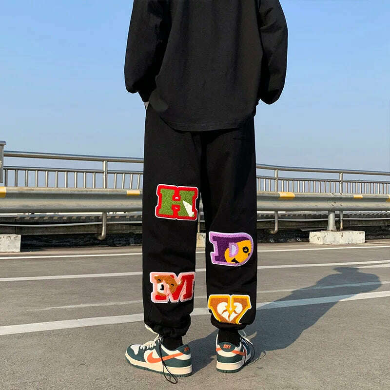 Preppy Style Letter Embroidery Straight Men Baggy Tracksuit Pants Y2K Clothes Sweatpants Male Drawstring Casual Long Trousers - KIMLUD