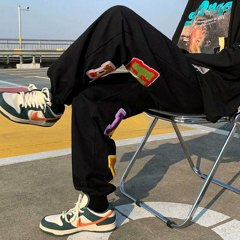 Preppy Style Letter Embroidery Straight Men Baggy Tracksuit Pants Y2K Clothes Sweatpants Male Drawstring Casual Long Trousers - KIMLUD