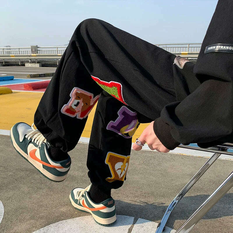 Preppy Style Letter Embroidery Straight Men Baggy Tracksuit Pants Y2K Clothes Sweatpants Male Drawstring Casual Long Trousers - KIMLUD