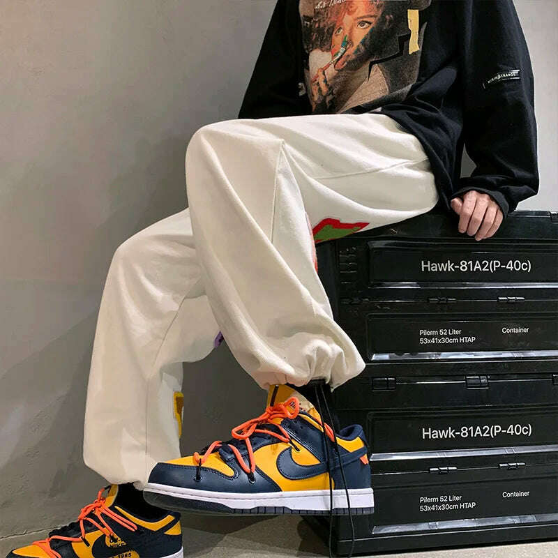 Preppy Style Letter Embroidery Straight Men Baggy Tracksuit Pants Y2K Clothes Sweatpants Male Drawstring Casual Long Trousers - KIMLUD