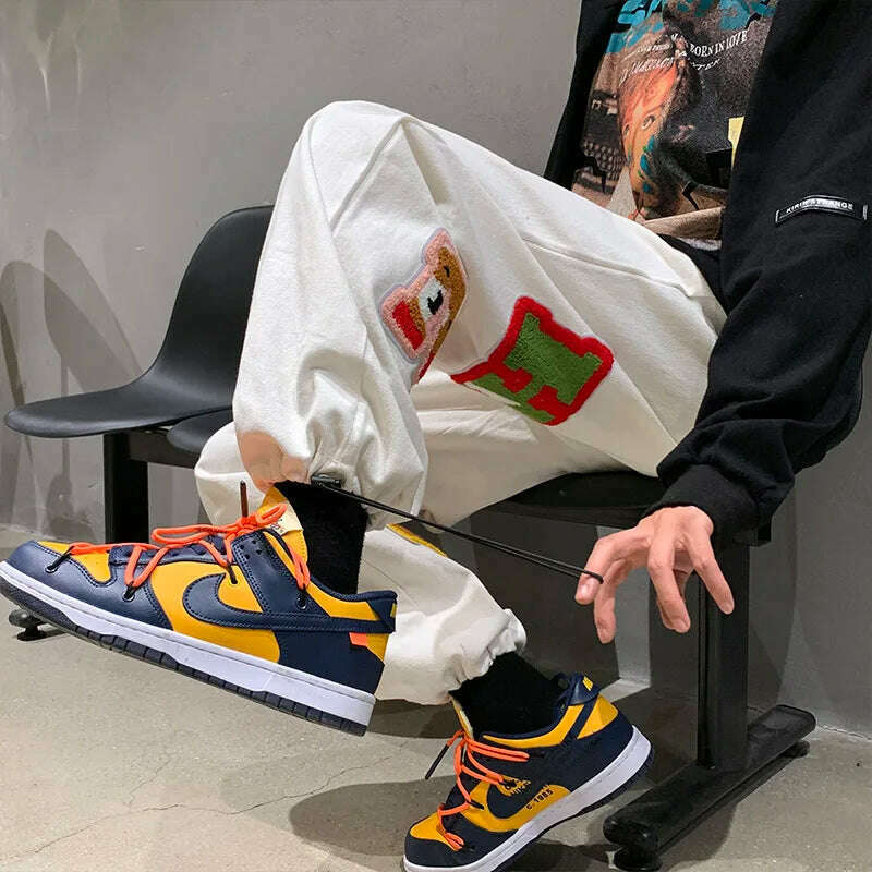 Preppy Style Letter Embroidery Straight Men Baggy Tracksuit Pants Y2K Clothes Sweatpants Male Drawstring Casual Long Trousers - KIMLUD