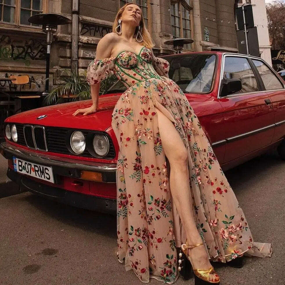 Princess Flower Prom Dress Fluffy Tulle Floral Dress With Train High Slit Elegant Women Evening Dresses Long Dress Ever Pretty - KIMLUD