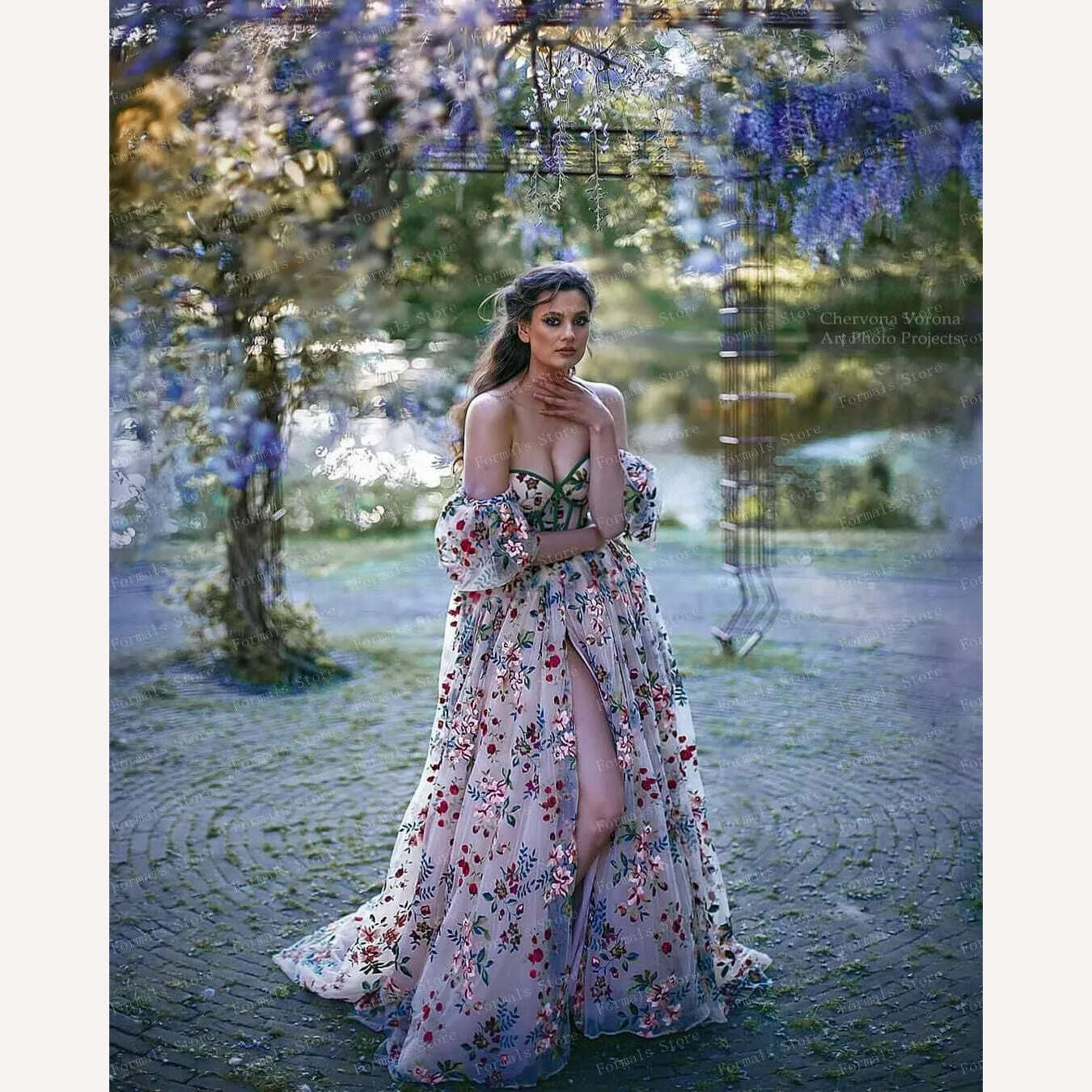 Princess Flower Prom Dress Fluffy Tulle Floral Dress With Train High Slit Elegant Women Evening Dresses Long Dress Ever Pretty - KIMLUD