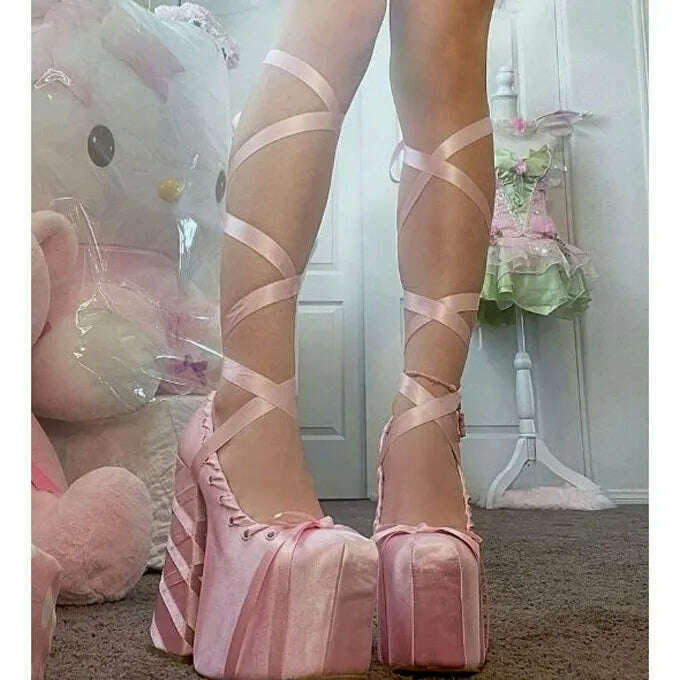 Princess Style Pink Satin Lace-Up pumps Mary Jane Platform Thigh Tie Chunky Square Heel Catwalk Shoes Lolita High Heels size 46 - KIMLUD