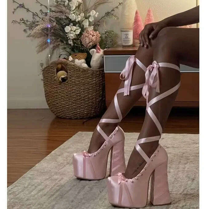 Princess Style Pink Satin Lace-Up pumps Mary Jane Platform Thigh Tie Chunky Square Heel Catwalk Shoes Lolita High Heels size 46 - KIMLUD