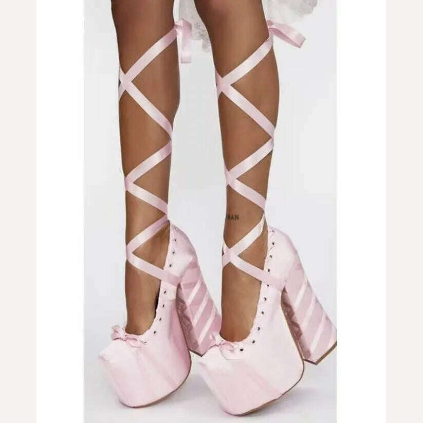 KIMLUD, Princess Style Pink Satin Lace-Up pumps Mary Jane Platform Thigh Tie Chunky Square Heel Catwalk Shoes Lolita High Heels size 46, KIMLUD Women's Clothes