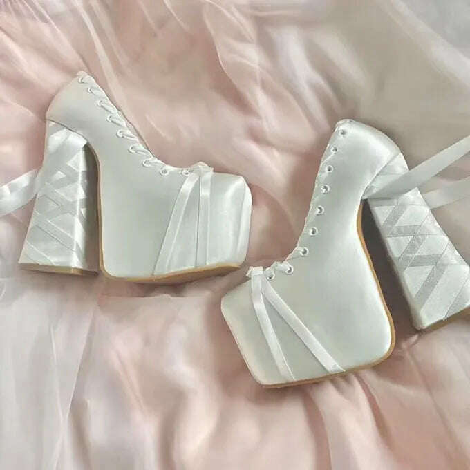 Princess Style Pink Satin Lace-Up pumps Mary Jane Platform Thigh Tie Chunky Square Heel Catwalk Shoes Lolita High Heels size 46 - KIMLUD
