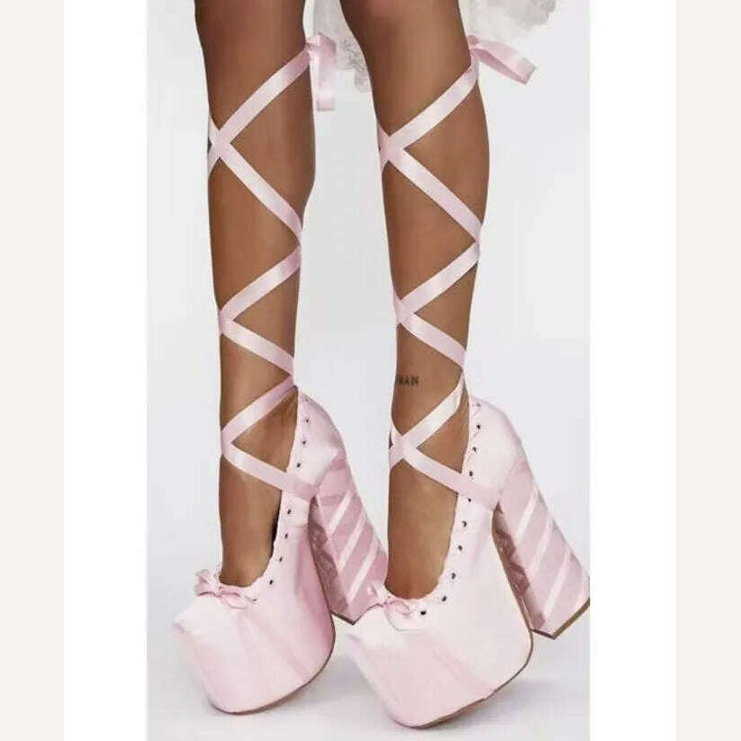 Princess Style Pink Satin Lace-Up pumps Mary Jane Platform Thigh Tie Chunky Square Heel Catwalk Shoes Lolita High Heels size 46 - KIMLUD