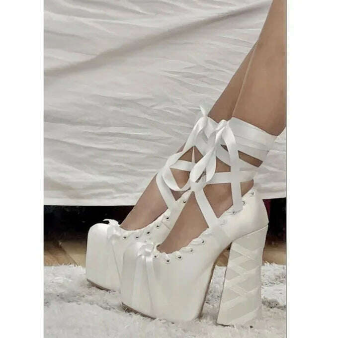 Princess Style Pink Satin Lace-Up pumps Mary Jane Platform Thigh Tie Chunky Square Heel Catwalk Shoes Lolita High Heels size 46 - KIMLUD