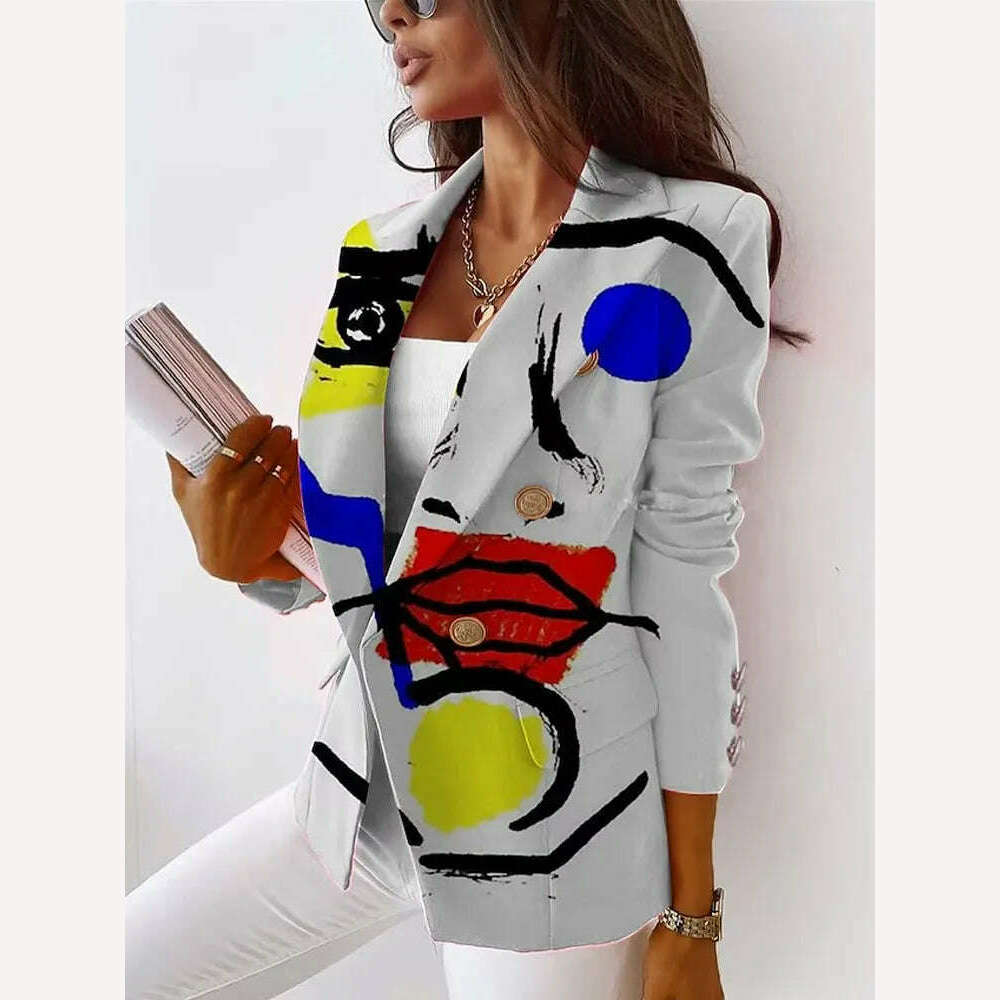 KIMLUD, Print Coats Women 2023 Slim Elegant Blazers Jacket Women&#39;s Fitting Metal Buttons Double Breasted Blazer Femme Top Quality, KIMLUD Womens Clothes