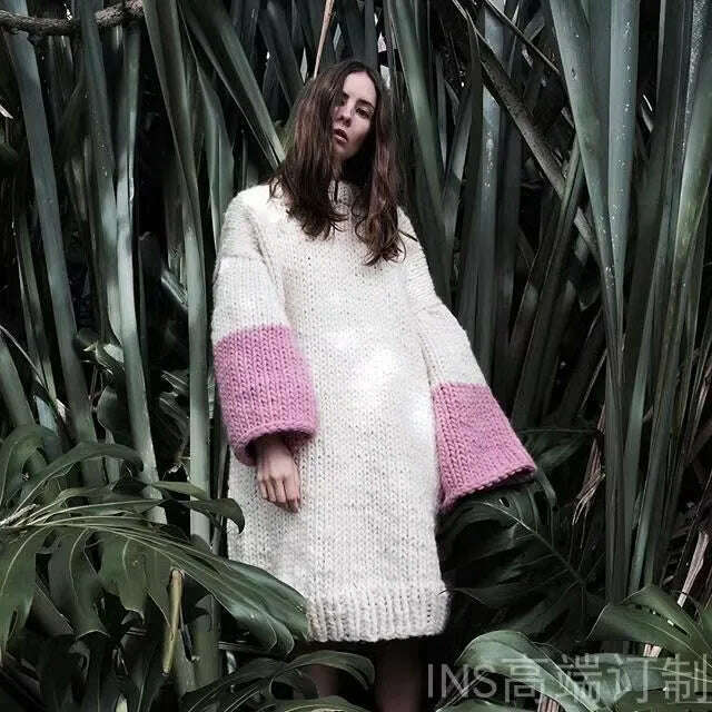 Autumn and winter style sleeveless loose length Australian pure wool woolen dress for women with hand made custom large thick th - KIMLUD