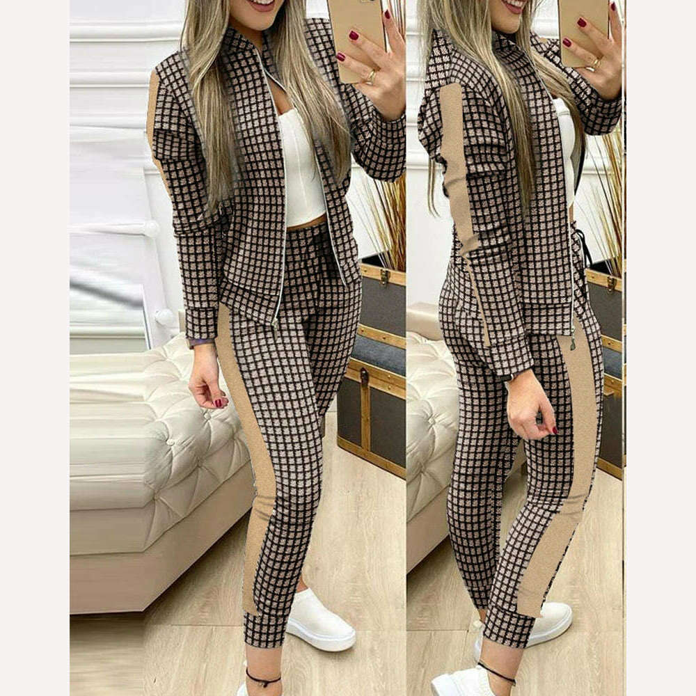 KIMLUD, Trend Leopard 2 Two Piece Set Women Outfits Activewear Zipper Top Leggings Women Matching Set Tracksuit Female Outfits for Women, Coffee / S, KIMLUD Women's Clothes