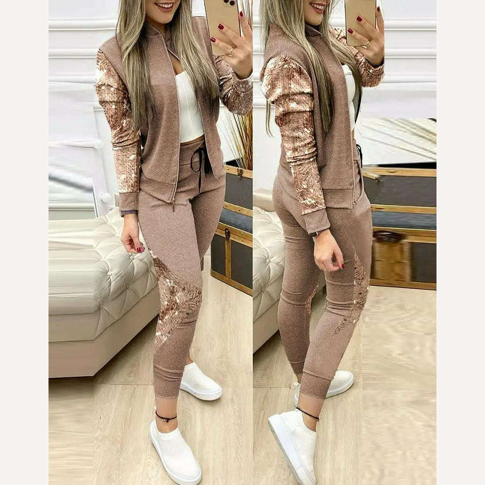 KIMLUD, Trend Leopard 2 Two Piece Set Women Outfits Activewear Zipper Top Leggings Women Matching Set Tracksuit Female Outfits for Women, Auburn / S, KIMLUD Womens Clothes