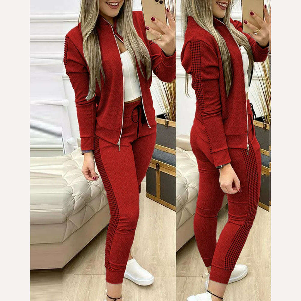 KIMLUD, Trend Leopard 2 Two Piece Set Women Outfits Activewear Zipper Top Leggings Women Matching Set Tracksuit Female Outfits for Women, Red / S, KIMLUD Womens Clothes
