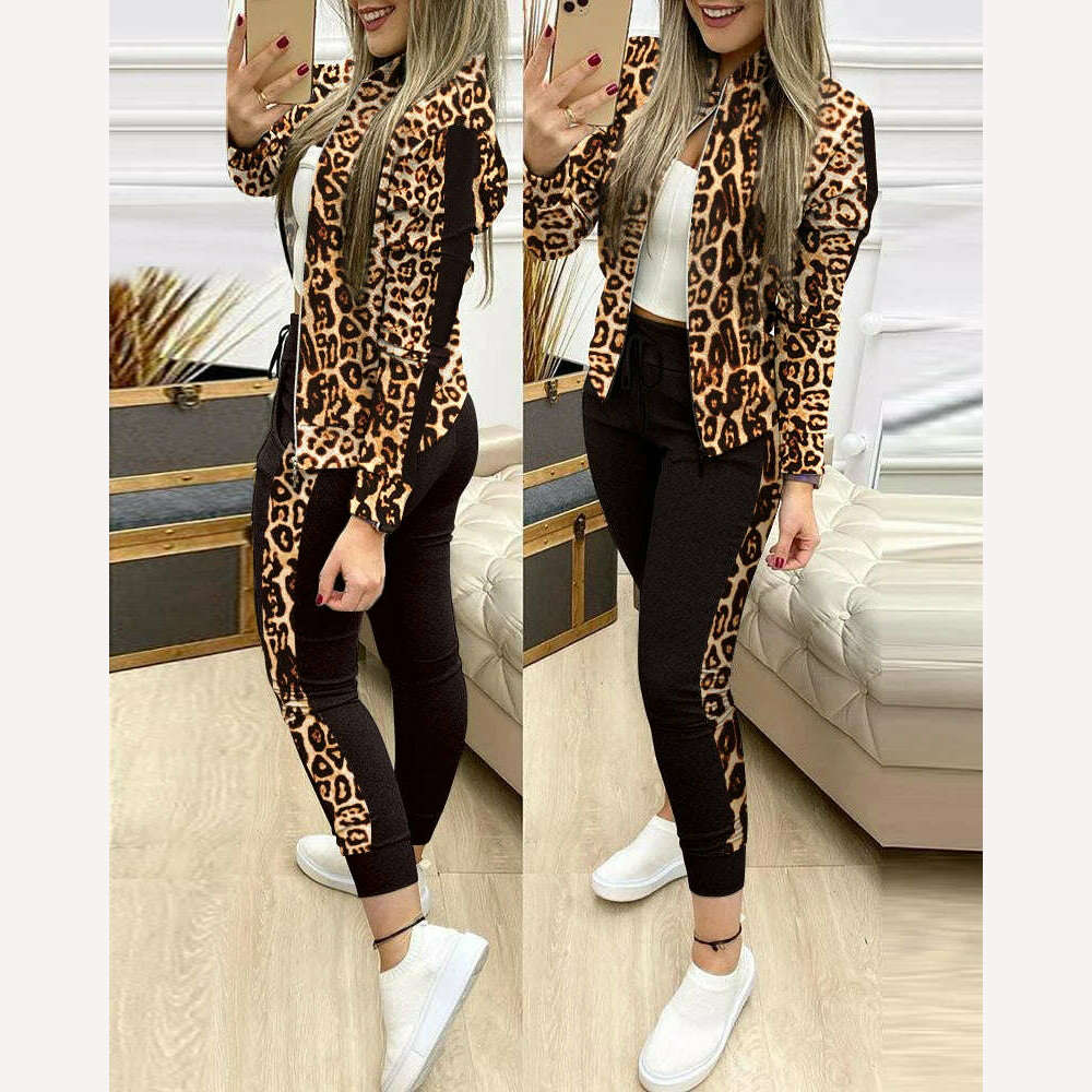 KIMLUD, Trend Leopard 2 Two Piece Set Women Outfits Activewear Zipper Top Leggings Women Matching Set Tracksuit Female Outfits for Women, Leopard / S, KIMLUD Womens Clothes