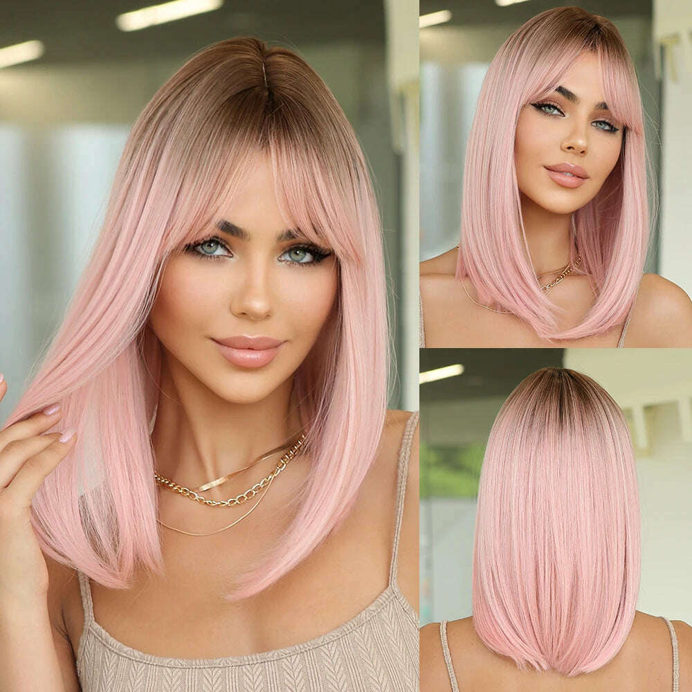 KIMLUD, 14" Soft Straight Pink Wig With Dark Roots  Synthetic Wigs With Bangs Female Bob Wigs For Women Daily Party Cosplay Use, 8501, KIMLUD APPAREL - Womens Clothes