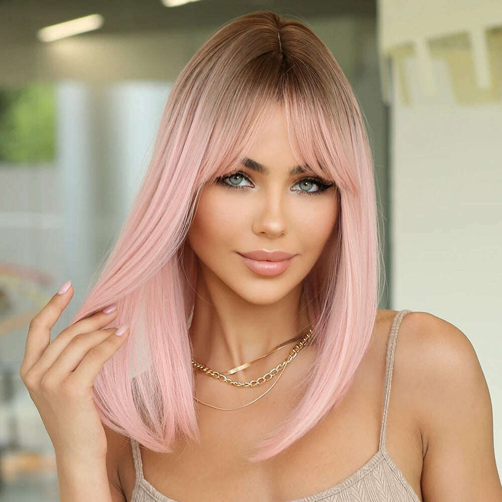 KIMLUD, 14" Soft Straight Pink Wig With Dark Roots  Synthetic Wigs With Bangs Female Bob Wigs For Women Daily Party Cosplay Use, KIMLUD Womens Clothes