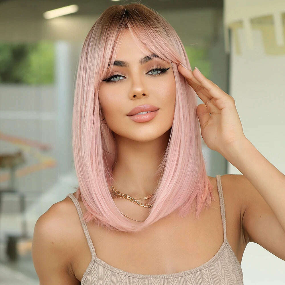 KIMLUD, 14" Soft Straight Pink Wig With Dark Roots  Synthetic Wigs With Bangs Female Bob Wigs For Women Daily Party Cosplay Use, KIMLUD Women's Clothes