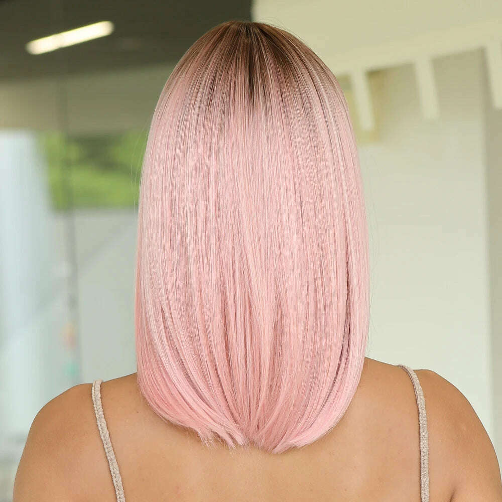 KIMLUD, 14" Soft Straight Pink Wig With Dark Roots  Synthetic Wigs With Bangs Female Bob Wigs For Women Daily Party Cosplay Use, KIMLUD Womens Clothes