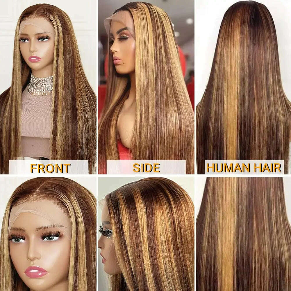 KIMLUD, 180 Density 30 Inch Highlight Honey Brown Lace Front Wig Human Hair 13x4 Ombre Colored Straight Lace Frontal Wig For Woman, KIMLUD Womens Clothes