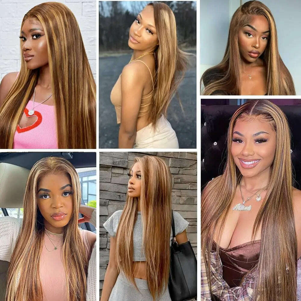 KIMLUD, 180 Density 30 Inch Highlight Honey Brown Lace Front Wig Human Hair 13x4 Ombre Colored Straight Lace Frontal Wig For Woman, KIMLUD Women's Clothes