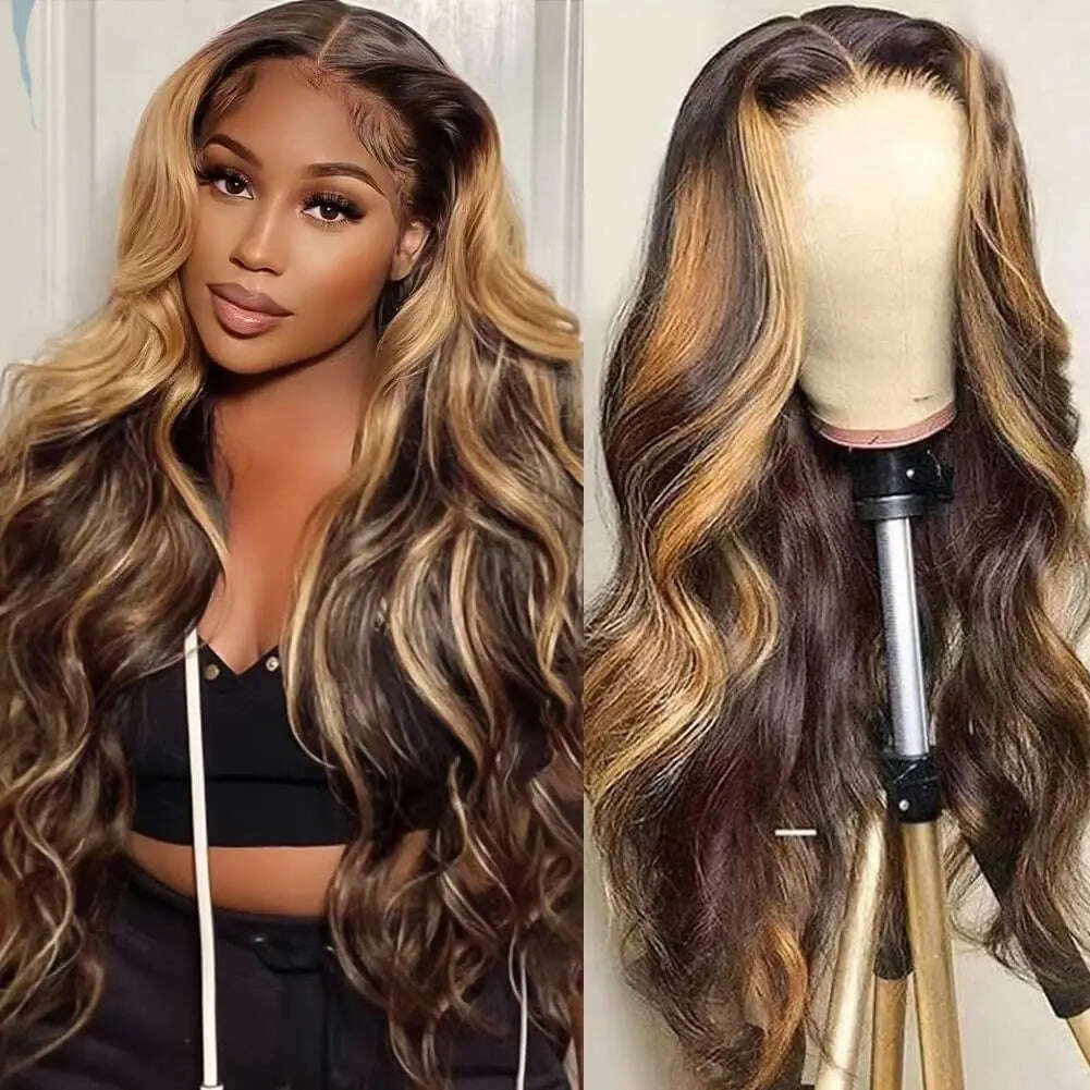 KIMLUD, 180 Density 30 Inch Highlight Honey Brown Lace Front Wig Human Hair 13x4 Ombre Colored Straight Lace Frontal Wig For Woman, 427 body wave wig / 28inches / 180%, KIMLUD Women's Clothes
