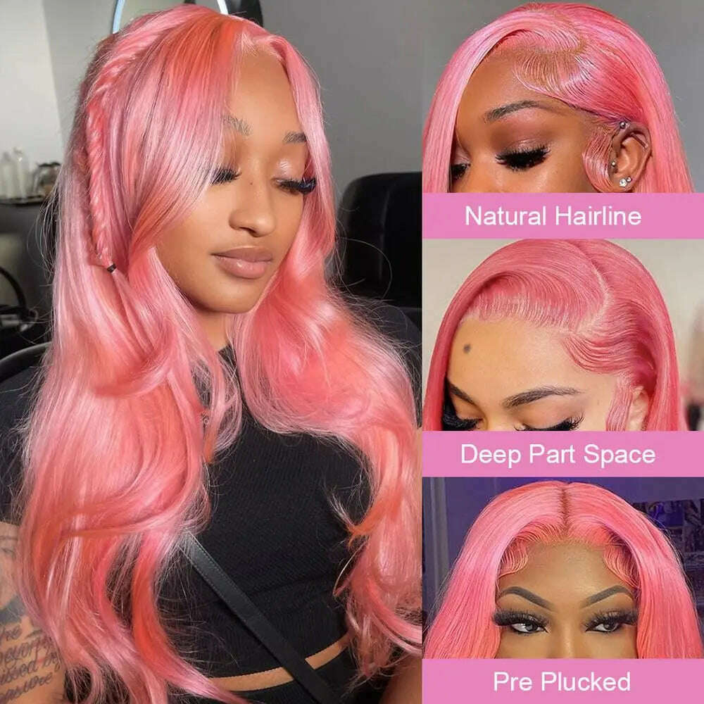 KIMLUD, 180 Density Pink Body Wave Lace Front Wig Human Hair 13x4 HD Transparent Lace Frontal Human Hair Wigs Brazilian Hair Colored Wig, KIMLUD Womens Clothes