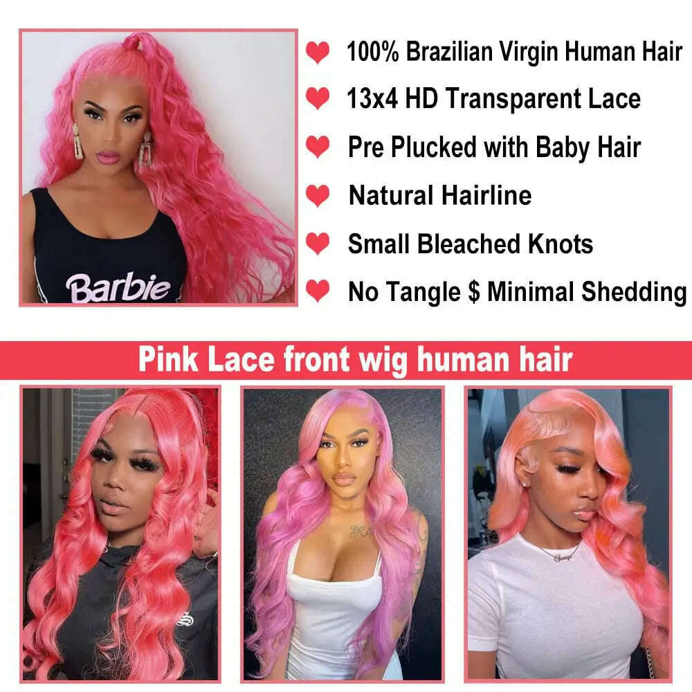 KIMLUD, 180 Density Pink Body Wave Lace Front Wig Human Hair 13x4 HD Transparent Lace Frontal Human Hair Wigs Brazilian Hair Colored Wig, KIMLUD Women's Clothes