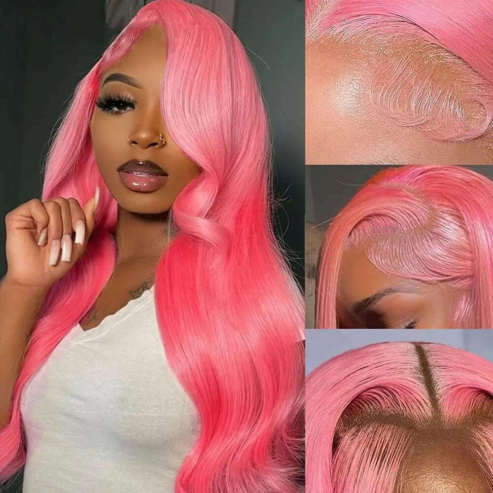 KIMLUD, 180 Density Pink Body Wave Lace Front Wig Human Hair 13x4 HD Transparent Lace Frontal Human Hair Wigs Brazilian Hair Colored Wig, pink color / 20inches / 180%, KIMLUD Women's Clothes