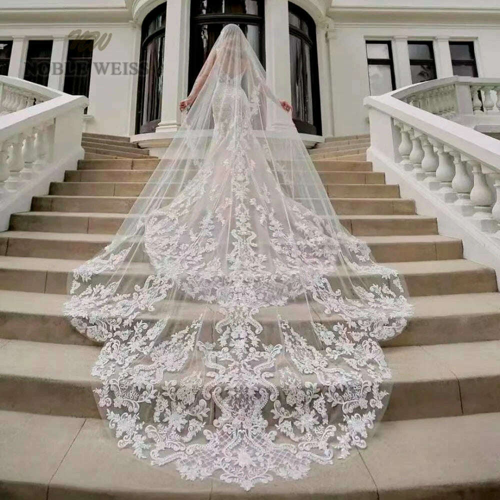 KIMLUD, 1T Appliques Lace Wedding Veil Long Veil Cathedral Bridal Veils, KIMLUD Womens Clothes