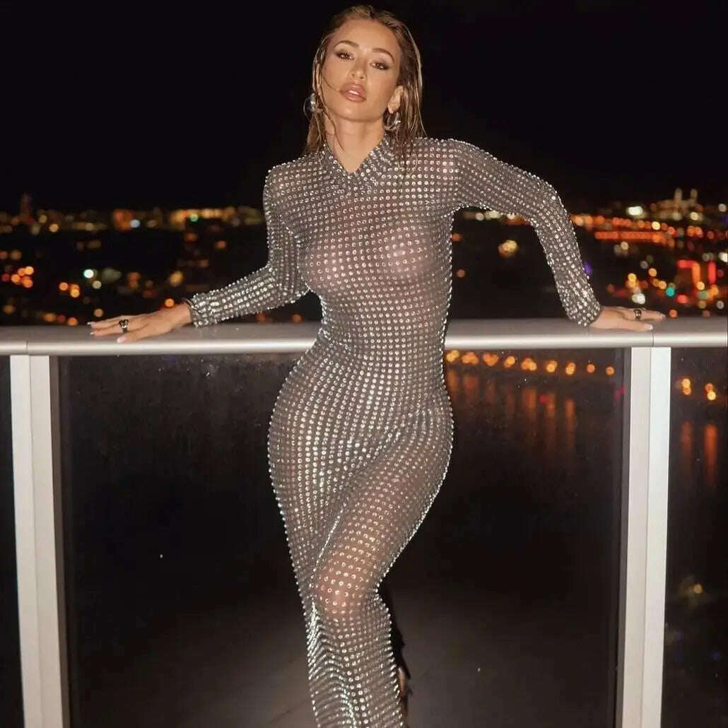 KIMLUD, 2024 Super Shining Diamonds Sexy Mesh See Through Bodycon Long Dress Fashion Woman Evening Party Dress Stage Performance Costume, KIMLUD Womens Clothes