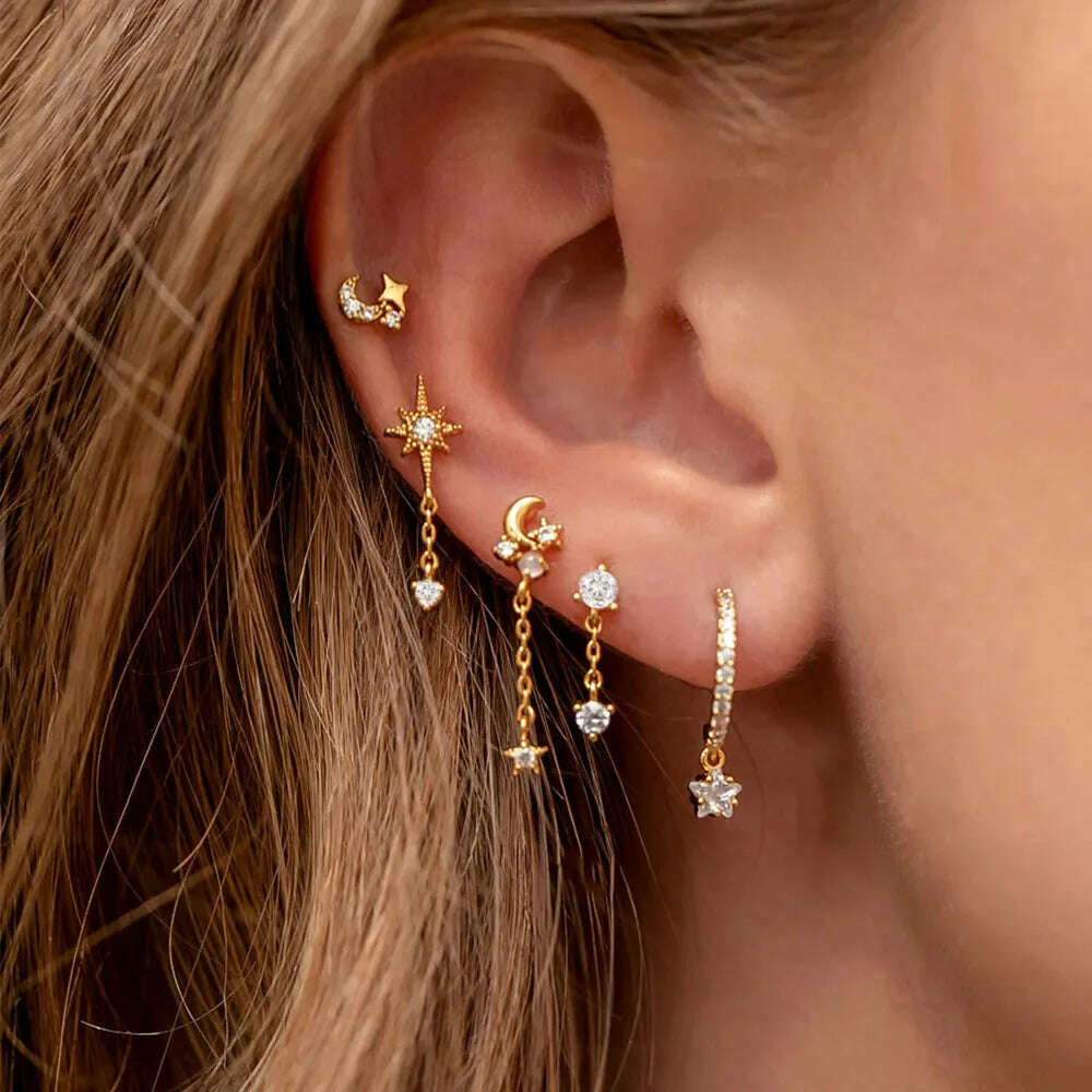 2PCS New Stainless Steel Cubic Zirconia Chain Hoop Earrings For Women Star Moon Unique Punk Earring Cartilage Piercing Jewelry - KIMLUD