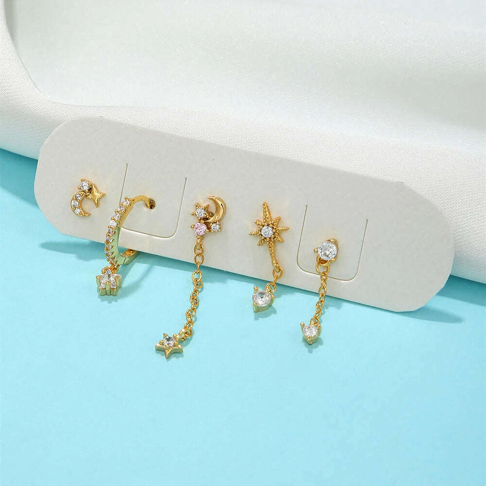 KIMLUD, 2PCS New Stainless Steel Cubic Zirconia Chain Hoop Earrings For Women Star Moon Unique Punk Earring Cartilage Piercing Jewelry, KIMLUD Women's Clothes