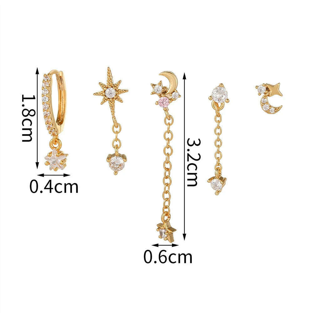 KIMLUD, 2PCS New Stainless Steel Cubic Zirconia Chain Hoop Earrings For Women Star Moon Unique Punk Earring Cartilage Piercing Jewelry, KIMLUD Women's Clothes