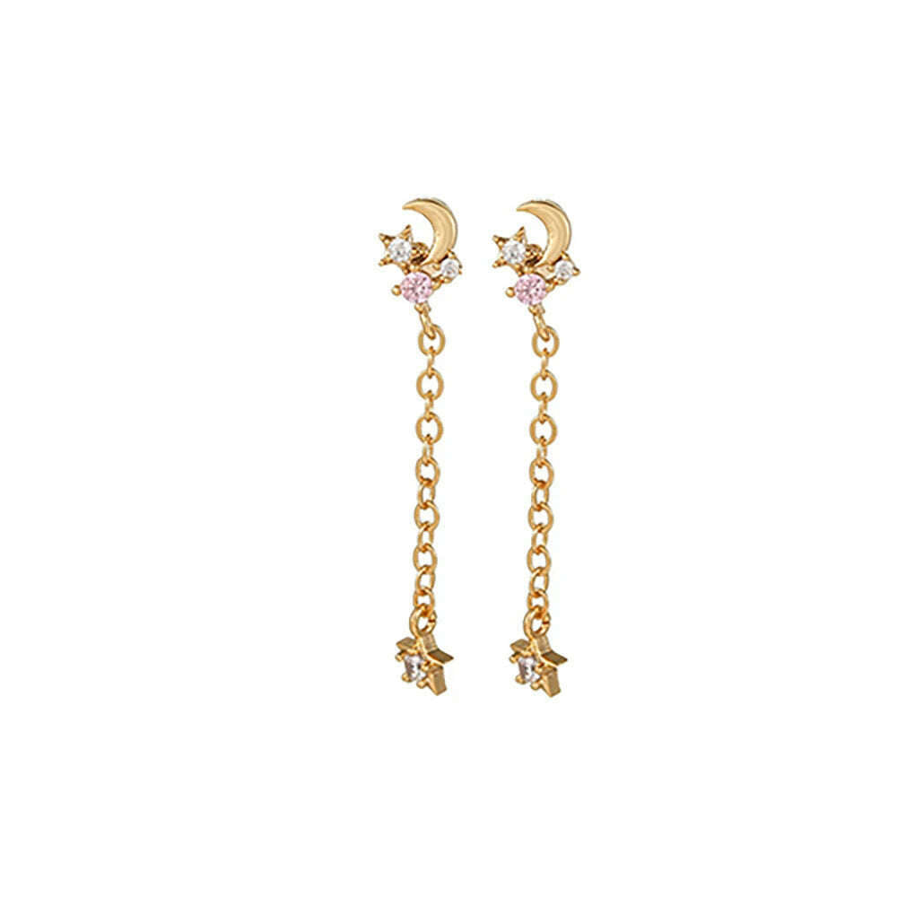 KIMLUD, 2PCS New Stainless Steel Cubic Zirconia Chain Hoop Earrings For Women Star Moon Unique Punk Earring Cartilage Piercing Jewelry, Y20373-3, KIMLUD Women's Clothes