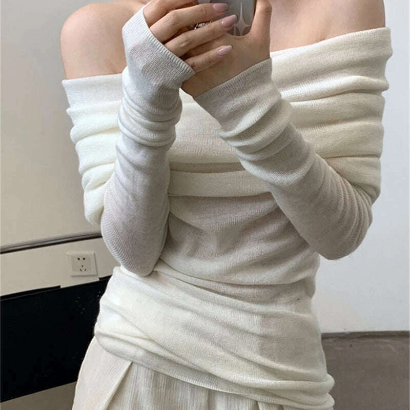 KIMLUD, Autumn Sexy Women Long Sleeve Sweater Solid Knit Slash Neck Sweater Slim Off Shoulder Thin Pullovers Casual Office Topsv Winter, KIMLUD Womens Clothes