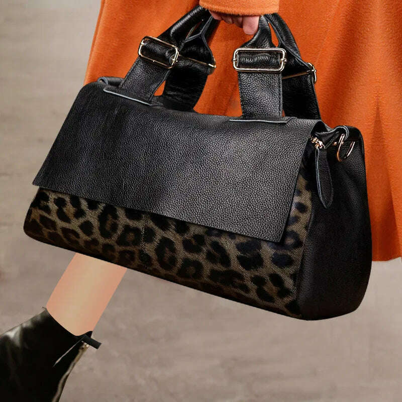 Casual Genuine Leather Tote Bag Women Large Genuine Leather Handbag Luxury Leopard Printing Cowhide Shoulder or Crossbody Bags - KIMLUD