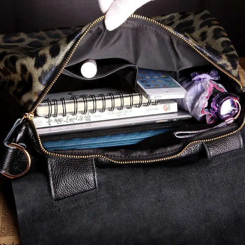 Casual Genuine Leather Tote Bag Women Large Genuine Leather Handbag Luxury Leopard Printing Cowhide Shoulder or Crossbody Bags - KIMLUD