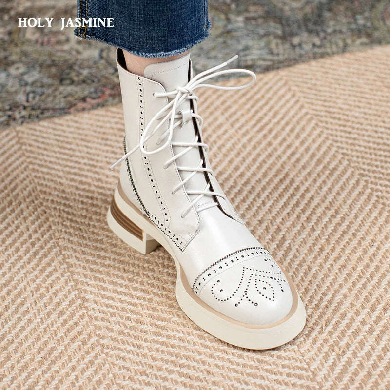 KIMLUD, Casual Lace-Up Women Autumn Winter Ankle Boots Thick Heels Genuine Leather Working Leisure Fashion Outdoor Platform Shoes Woman, KIMLUD Womens Clothes