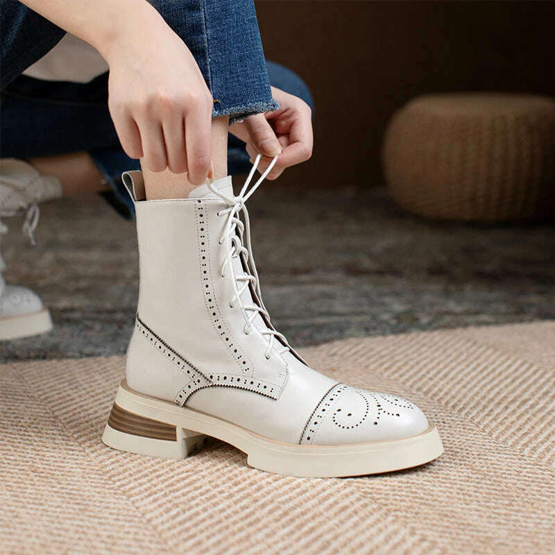 KIMLUD, Casual Lace-Up Women Autumn Winter Ankle Boots Thick Heels Genuine Leather Working Leisure Fashion Outdoor Platform Shoes Woman, KIMLUD Womens Clothes