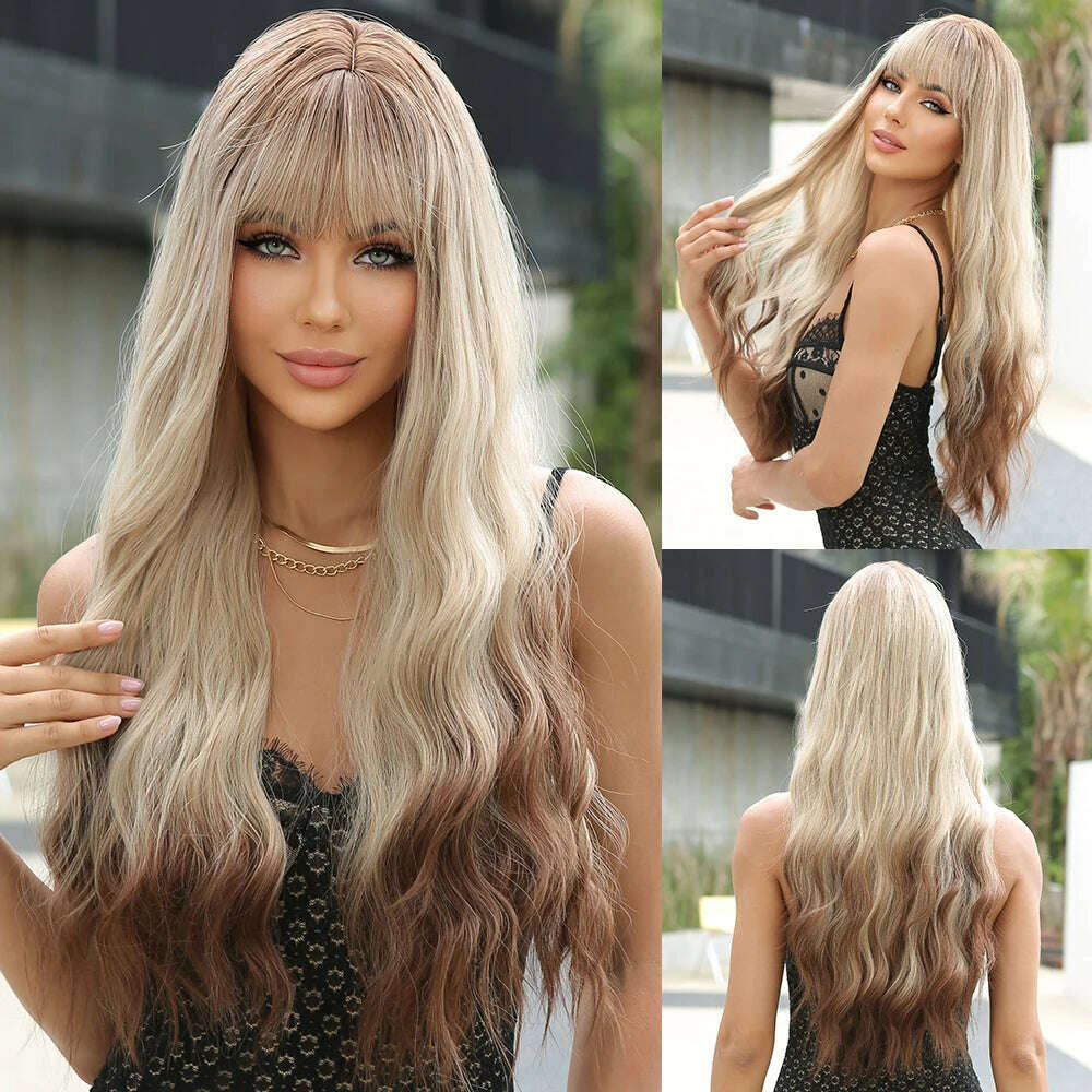 KIMLUD, CRAFTOURIST Long Wavy Ombre Blonde To Brown Synthetic Wigs Natural Hair Wigs With Bangs Cosplay Wig for Women Heat Resistant, 8484, KIMLUD APPAREL - Womens Clothes