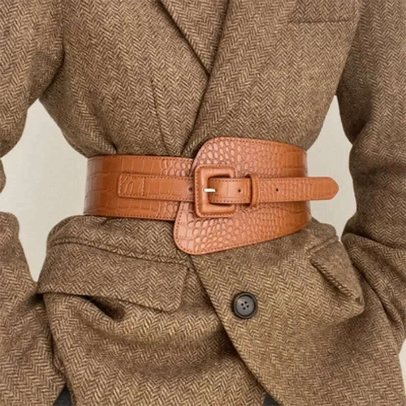 KIMLUD, Crocodile Pattern PU Leather Wide Belt Women Coat Dress Corset Accessories 2023 Fashion Luxury Designer Cummerbunds for Female, KIMLUD Womens Clothes