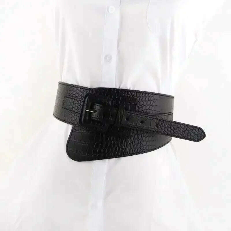 KIMLUD, Crocodile Pattern PU Leather Wide Belt Women Coat Dress Corset Accessories 2023 Fashion Luxury Designer Cummerbunds for Female, KIMLUD Womens Clothes